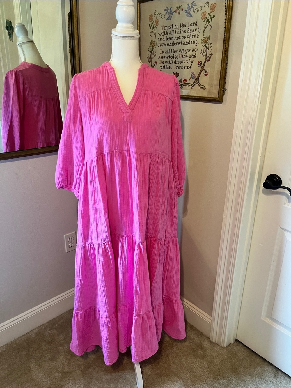 LOFT Bright Pink Tiered Maxi Dress with V-Neckline